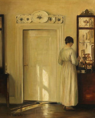 Carl Vilhelm Holse - Interieur mit Frau beim Teekochen.webp