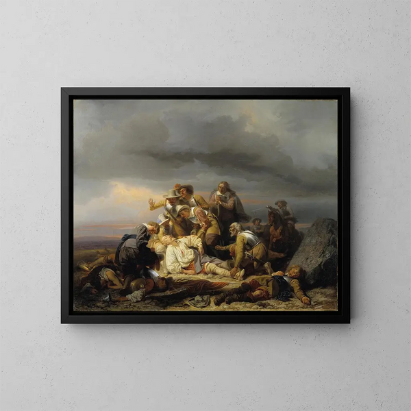 The discovery of King Gustav II Adolf of Sweden's body after the Battle of Lützen - Carl Wahlbom — framed artwork on a wall