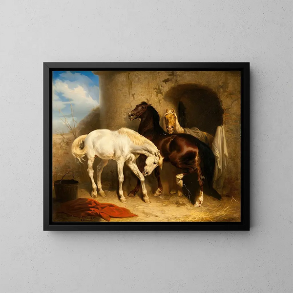 Horses at the Stable - Carl Wahlbom — framed artwork on a wall