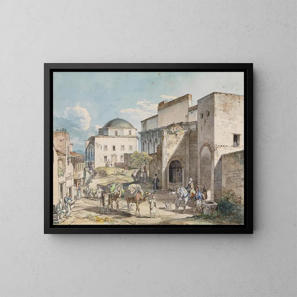 van het vertrek in Athene met het Hadji Hazekis-paleis en de Tzistarakis-moskee - Carl Wilhelm von Heideck — ingelijst kunstwerk aan de muur