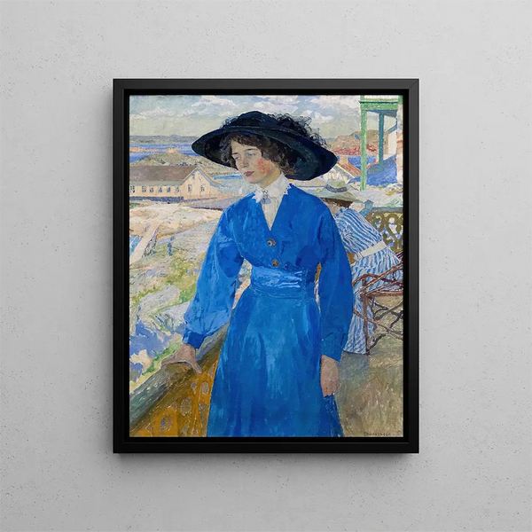 Girl in Blue - Carl Wilhelmson — framed artwork on a wall