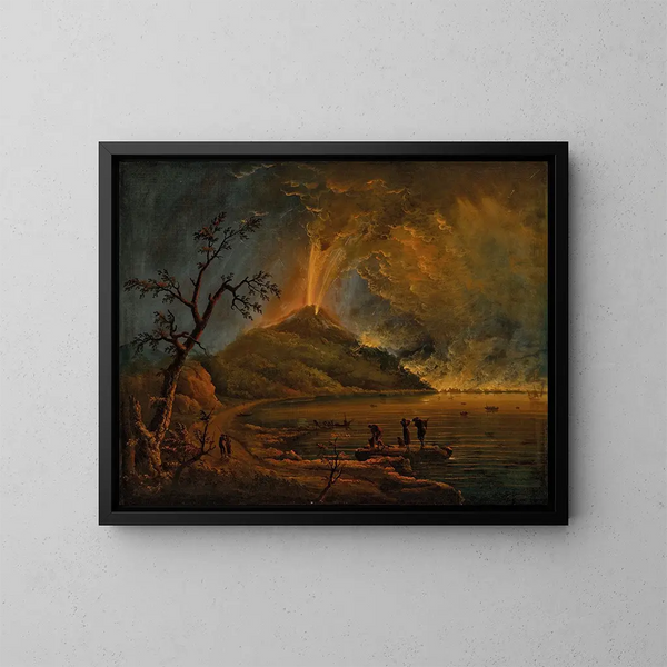 a painting of an erupting volcano at night, probably Mount Etna - Carlo Bonavia — framed artwork on a wall