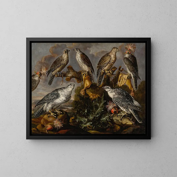 a group of seven falcons lanier and peregrine falcons or hobby falcons - Carstian Luyckx — framed artwork on a wall