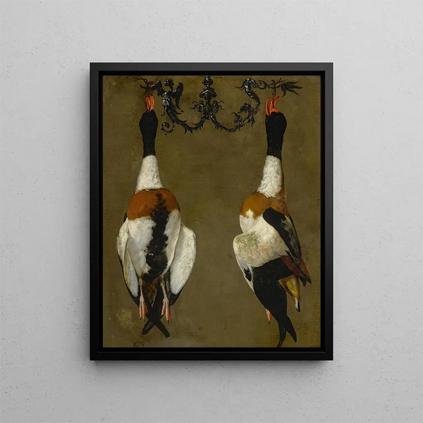 Still life with two Belon tadorne birds hanging by their beaks - Cesare Dandini — framed artwork on a wall
