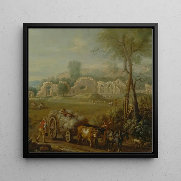 Chariot de foin passant devant une abbaye en ruine - John Wootton