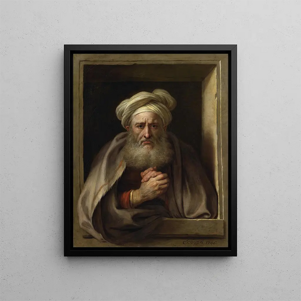 Democritus the Sad - Charles-Antoine Coypel — framed artwork on a wall