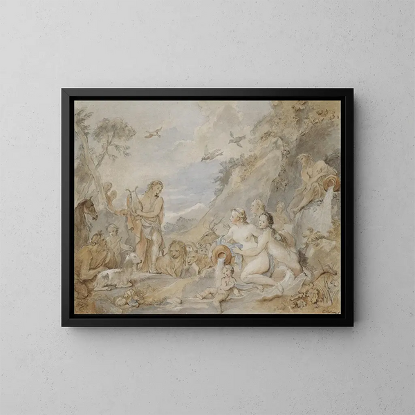 Orphée charming the nymphs, dryads, and animals - Charles-Joseph Natoire — framed artwork on a wall