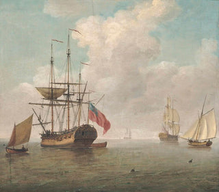 Charles Brooking - A Small ManOwar At Anchor With Cutters Under Sail.webp