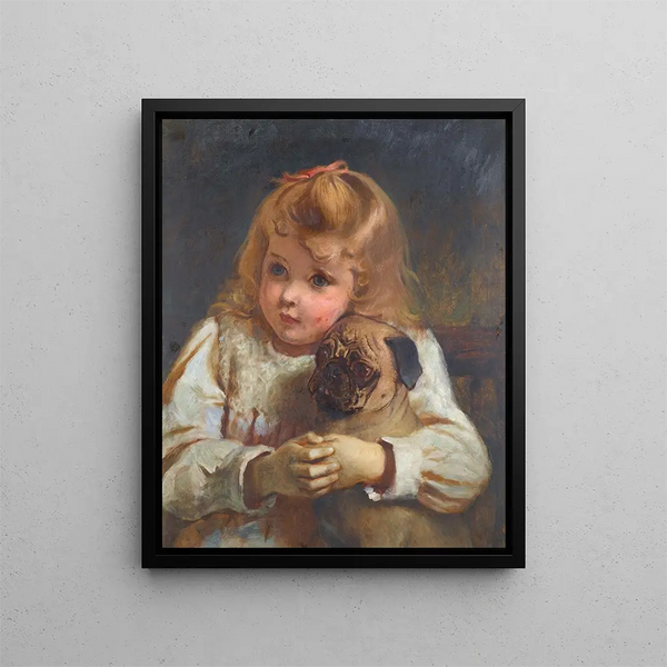 An anxious girl with a pug - Charles Burton Barber — framed artwork on a wall