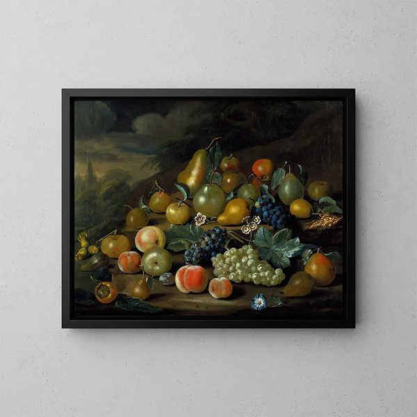 Still life with pears, peaches, and grapes - Charles Collins — framed artwork on a wall