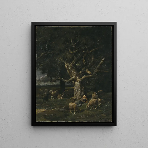 a Shepherdess and her Sheep - Charles Émile Jacque — framed artwork on a wall
