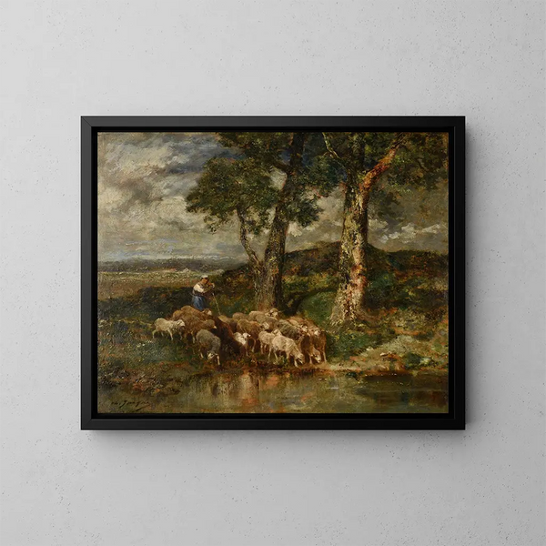 Moutons au labreuvoir - Charles Émile Jacque — framed artwork on a wall