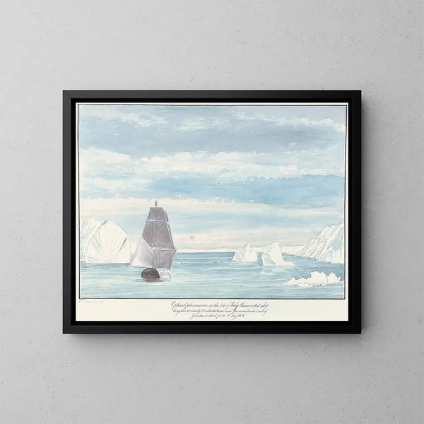 van een optisch verschijnsel van een omgekeerd schip aan de horizon nabij de kust van Jameson Land in Groenland - Charles Hamilton Smith — ingelijst kunstwerk aan de muur