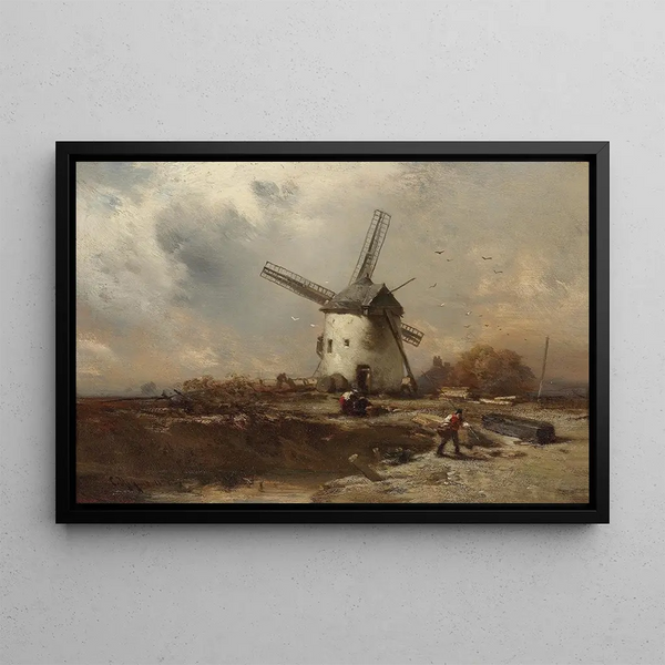 Landscape with Windmills and Figures - Charles Hoguet — framed artwork on a wall