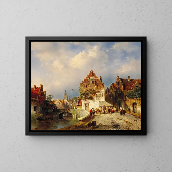 A village scene with a bridge - Charles Leickert — framed artwork on a wall