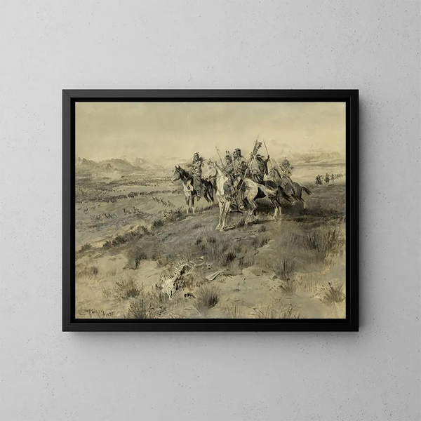 Before the arrival of the white man, Indian hunting - Charles Marion Russell — framed artwork on a wall