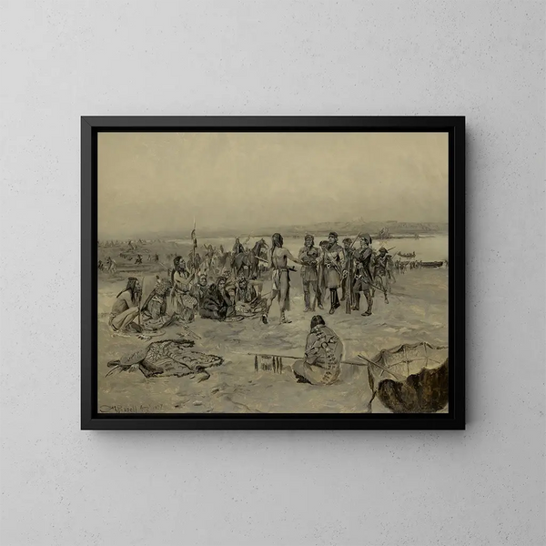 Encounter of Lewis and Clark with the Mandans - Charles Marion Russell — framed artwork on a wall