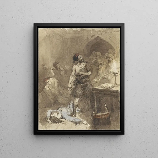 Man and woman lying on the ground in a Moorish room - Charles Rochussen — framed artwork on a wall