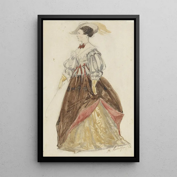 Vrouw in rijk kostuum met hoed en zweep in de hand - Charles Rochussen — ingelijst kunstwerk aan de muur