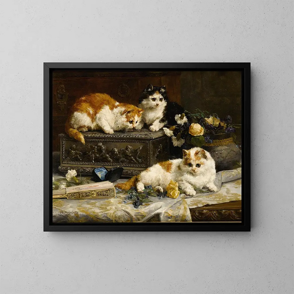 Three alert kittens - Charles Van Den Eycken — framed artwork on a wall