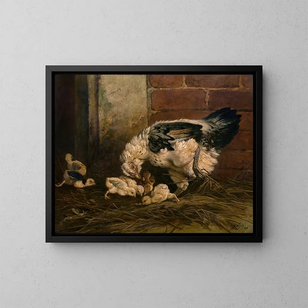 Hen with chick - Charles Verlat — framed artwork on a wall