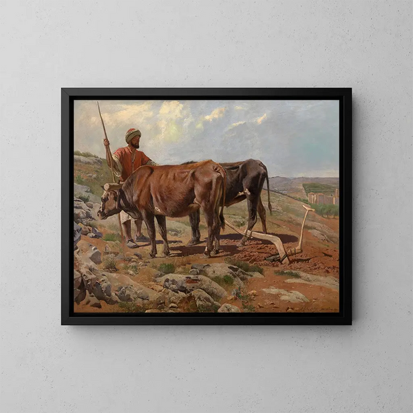Bœufs de labour avec fellah - Charles Verlat — framed artwork on a wall
