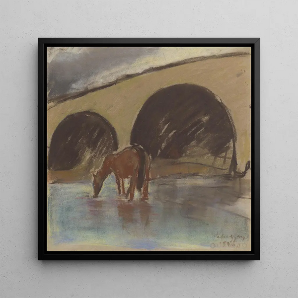 Cheval arrosant buvant d'une rivière sous un pont en arc - Zolo Palugyay