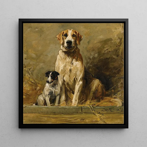 Chien et terrier dans un chenil - John Emms