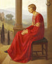Vrouw in rode jurk zittend op een terras in een Italiaans landschap - Christian Bang — weergave van het kunstwerk
