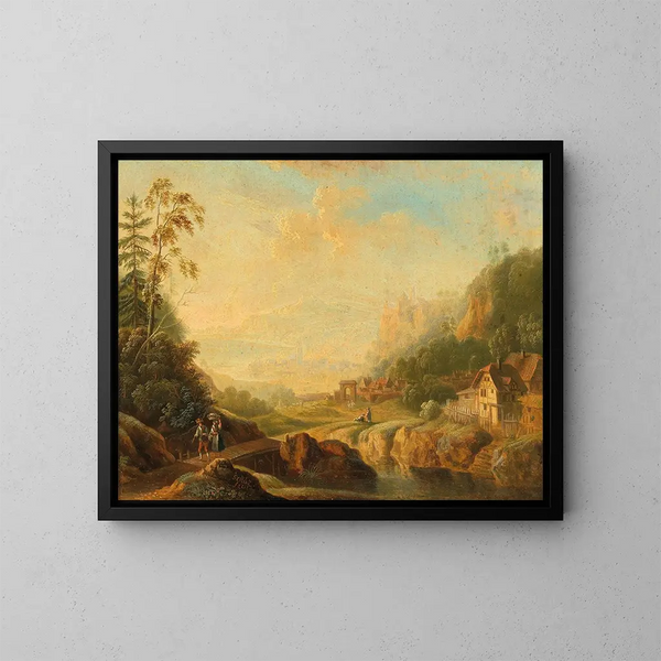 A vast river landscape with wanderers - Christian Georg Schütz the Younger — framed artwork on a wall