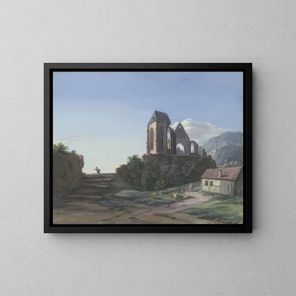 Gothic church ruin with a castle in the background, in front of a hut, sheep, a goat, and a child feeding chickens, on the left a man with a basket. - Christian Georg Schütz the Younger — framed artwork on a wall