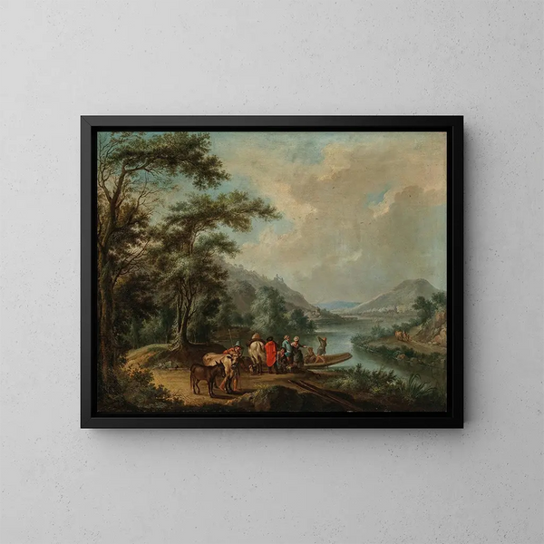 a Rhin landscape with a ferry near Bonn, the Rolandsbogen, the Drachenfels, and the Nonnenwerth island in the distance - Christian Georg Schütz the Elder — framed artwork on a wall
