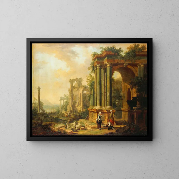 Landscape with Ancient Ruins and a Column - Christian Georg Schütz the Elder — framed artwork on a wall
