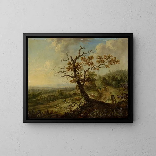 Landscape painting with farm animals grazing - Christian Georg Schütz the Elder — framed artwork on a wall