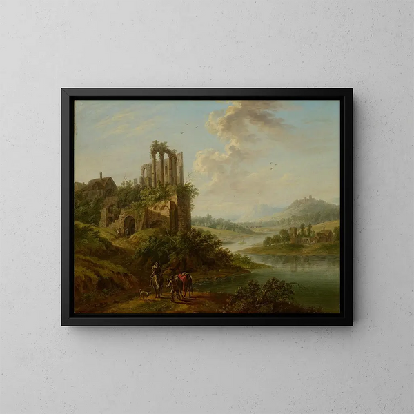 Landscape with Temple Ruins - Christian Georg Schütz l'Ancien — framed artwork on a wall