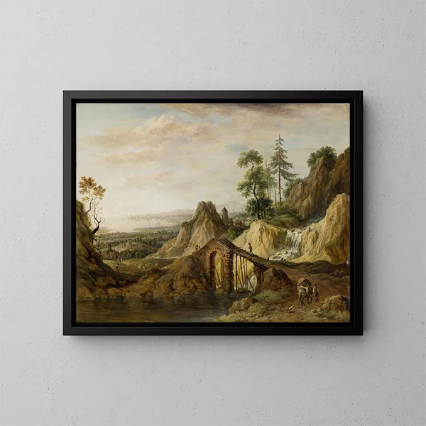 Landscape painting with a bridge - Christian Georg Schütz l'Ancien — framed artwork on a wall