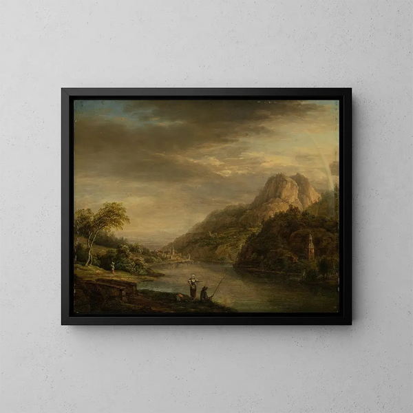 River Mountainous Landscape Painting with Rainbow - Christian Georg Schütz the Elder — framed artwork on a wall