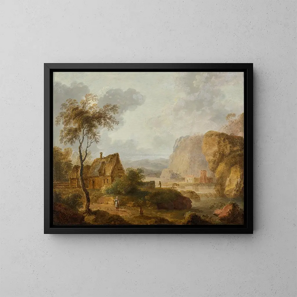 Mountain landscape painting with river and farm - Christian Hilfgott Brand — framed artwork on a wall