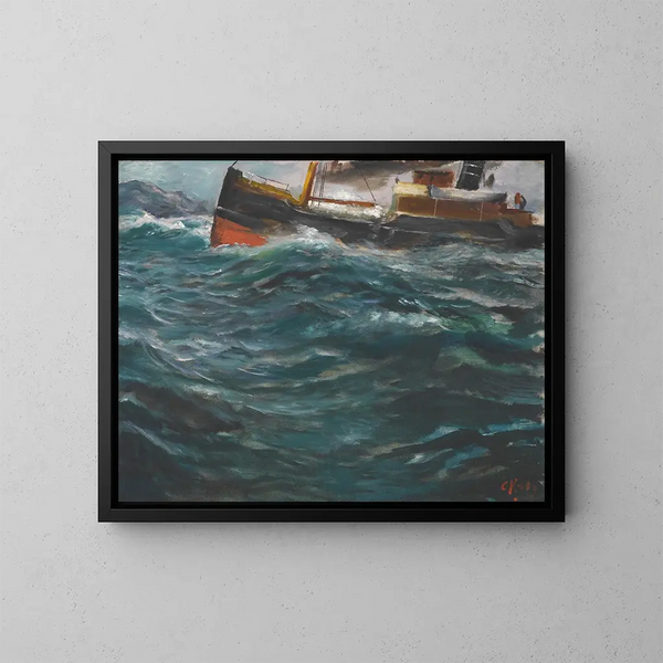 A ship in a rough sea - Christian Krohg — framed artwork on a wall