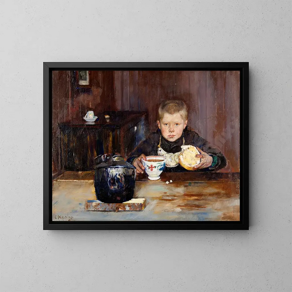 van een winkelend jongetje dat koffie drinkt - Christian Krohg — ingelijst kunstwerk aan de muur