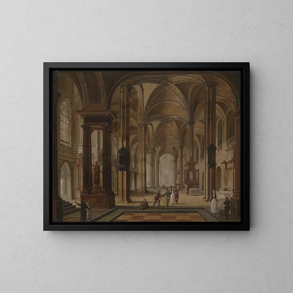Interior church painting with elegant people - Christian Stöcklin — framed artwork on a wall