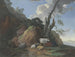 Landschapschilderij met een herder, twee geiten, twee schapen en een geit - Christian Wilhelm Ernst Dietrich — weergave van het kunstwerk