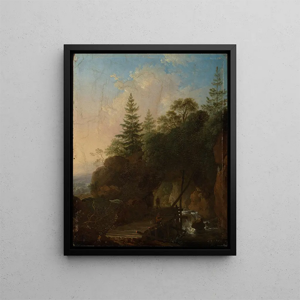 Mountain landscape painting with waterfall and wooden bridge - Christian Wilhelm Ernst Dietrich — framed artwork on a wall