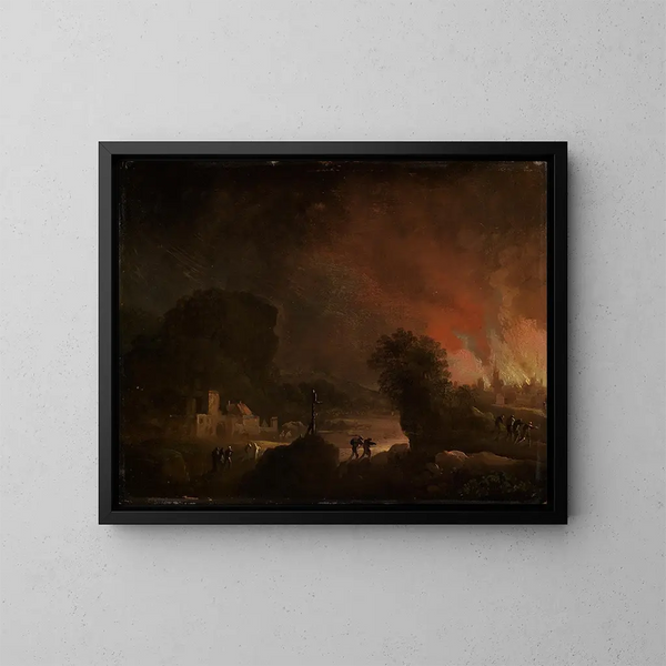 Night landscape painting with burning city - Christian Wilhelm Ernst Dietrich — framed artwork on a wall