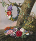 Een boeket bloemen hangt een bloemenkrans aan de voet van een boom op een tak - Christine Løvmand — weergave van het kunstwerk