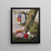 Een boeket bloemen hangt een bloemenkrans aan de voet van een boom op een tak - Christine Løvmand — ingelijst kunstwerk aan de muur
