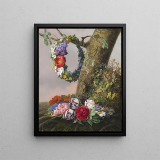 Christine Lvmand - En Buket Blomster Ved Foden Af Et Tr P En Gren Hnger En Blomsterkrans.webp