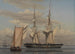 Een Amerikaanse zeilschip op anker terwijl haar zeilen drogen - Christoffer Wilhelm Eckersberg — weergave van het kunstwerk