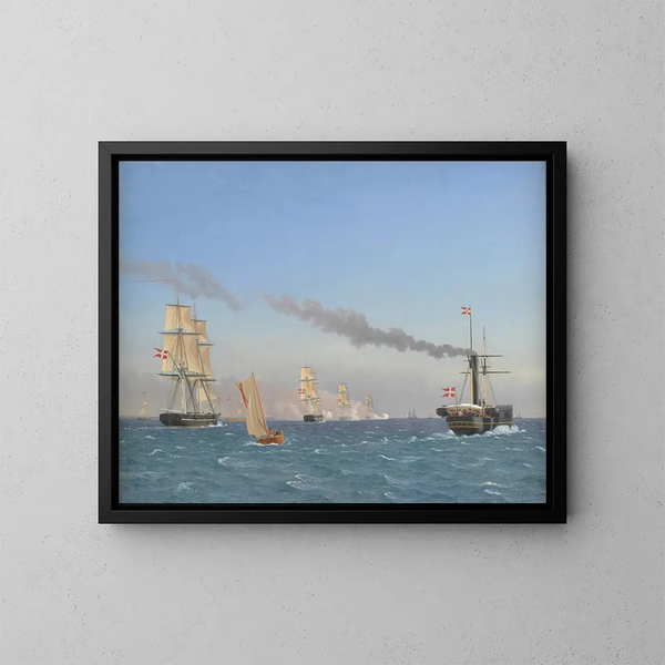 Christiaan VIII aan boord van zijn stoomboot die de manoeuvres van een eskader nabij Kopenhagen observeert - Christoffer Wilhelm Eckersberg — ingelijst kunstwerk aan de muur