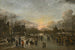 Landschapschilderij Winterlandschap bij zonsondergang met personages die kolven op het ijs - Cirkel van Aert van der Neer — weergave van het kunstwerk